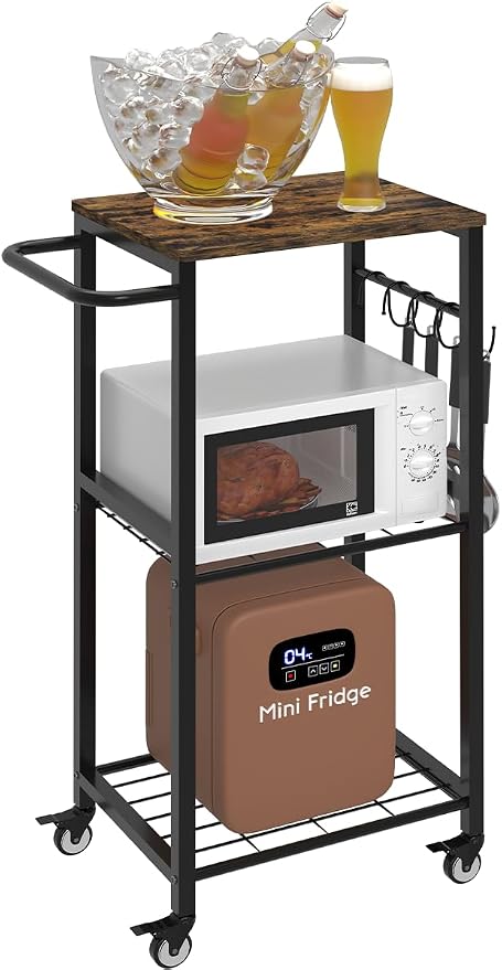 Kitchen Microwave Stand Cart with Storage Rack, 3-Tier Rolling Kitchen Side Table on Wheels with 8 Hooks, Utility Small Coffee Shelf Organizer for Living Room, Bedroom, Bathroom, Office, Black