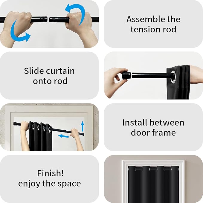 Vatge Magnetic Door Curtain with Rod - W42 x L80, 1 Panel, Black, Thermal Insulated Blackout Curtain for Room Darkening, Temporary Doors for Privacy