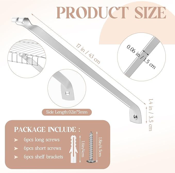 6 Pcs Support Brackets for 12in Wide Shelving Wire Wire Shelf Brackets Closet Rod Bracket Closet Support Bracket with Anchors and Pins for Installation Wires Shelving Supports Closets