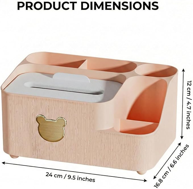 COVRA 9.5 x 6.6 x 4.7 inches Desk Organizer with Tissue Box Holder - Multifunctional Desktop Storage Caddy with Pen Holder, Cute Bear Design - Plastic (Pink)
