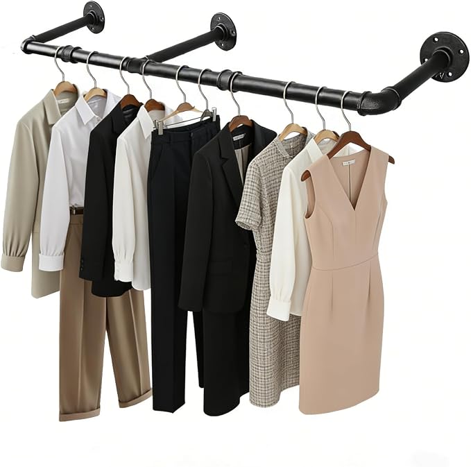 40 INCH Industrial Pipe Clothes Rack,Wall Mounted Clothes Rack,Metal | 150lbs Max Heavy Duty Clothing Rack,Powder Coating Surface,Space-Saving Hanging Rod for Laundry Room,Bedroom,Closet Storage