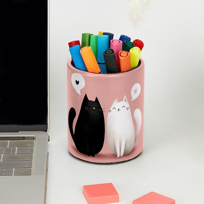 Black and White Cats Pen Holder Pencil Organizer for Desk, 3.1” x 3.1” x 3.9” Pencil Cup Office Supplies, Large Capacity Cute Pen and Makeup Brush Holder for Home, School, Desktop