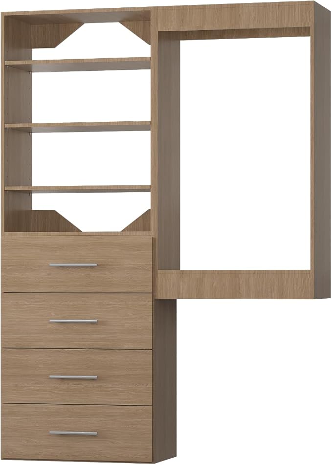 ROOMTEC Modular Closet System, 61" Wall-Mounted Closet Organizer with Drawers and Hanging Rods, Wooden Tower for Walk-In Closets, Wardrobe Storage Kit, Wood