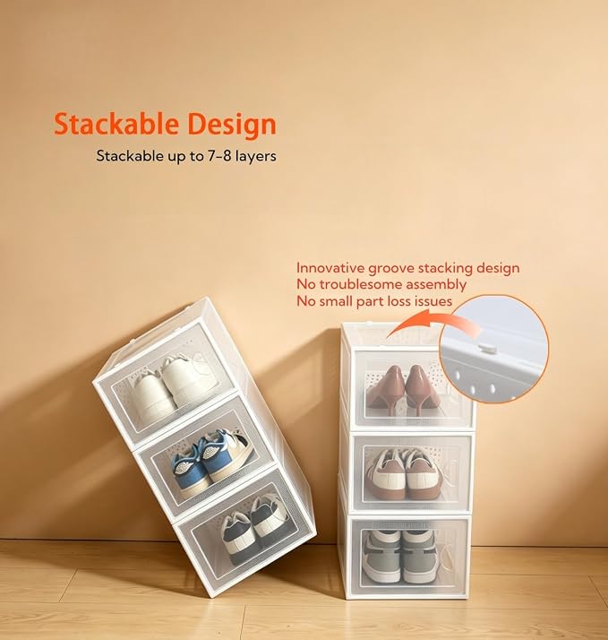 6-Pack Thickened Shoe Storage Boxes | Stackable Clear Shoe Organizer for Closet, Entryway. Easy Assembly Shoe Rack for Sneakers, Fits Up to US Men’s Size 10, Heavy Duty PP, M (13.4" x10.6"x 6.7") (6)