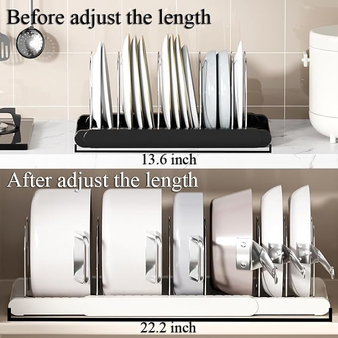 Pot Rack : Pots and Pans Organizer Under Cabinet 7 Adjustable Compartment Expandable Pot Lid Holder for Kitchen Cookware, Bakeware, Lid, Dishes, Cutting Boards,Black