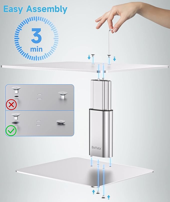BoYata Monitor Stand, Adjustable Height Metal Desktop Riser, Silver | Height-adjustable metal riser with open storage space underneath for monitors, laptops, iMacs, PCs and TVs