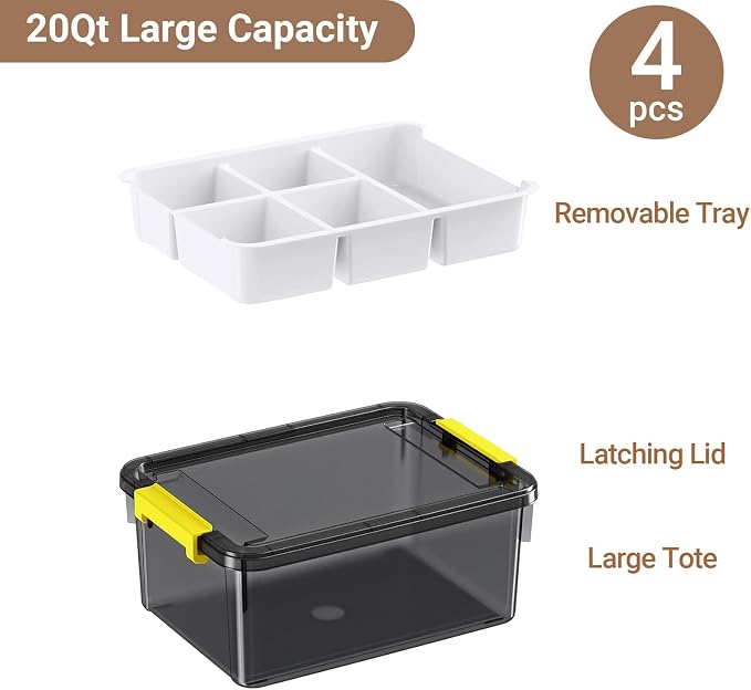 80Qt Stackable Storage Bins with Lids & Trays, Clear Plastic Latching Boxes Organizers with Dividers Portable Containers for Arts & Crafts, Home & Car Trunk Organization,Clear Grey,4Pack