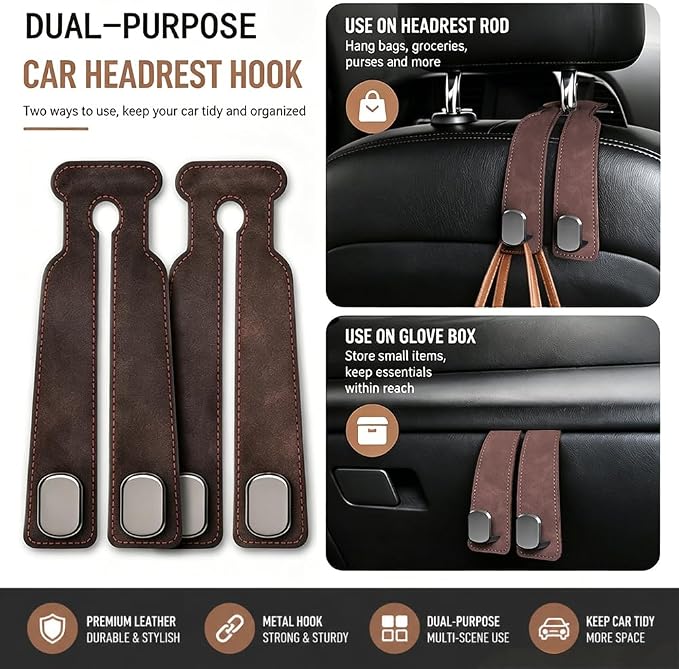 2-Pack Car Hanging Hooks for Car Seat Back & Glove Box, Brown | Dual-Use Purses & Bags Hanger for Car With Metal Hooks - Keep Floor & Seats Clutter-Free, Car Interior Organizer Accessories