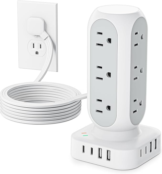 TenTrend Power Strip Tower, 4.8A Fast Charging Tower, 5 FT Extension Cord | 12 AC Outlets & 8 USB Ports (4USB-C), Flat Plug Charging Station for Home, Office, Dorm Room