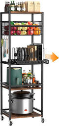 Housolution 5 Tier Kitchen Storage Cart with Fruit Basket Pot Lid Organizer | Versatile Storage, Pull-Out Cutting Board Rack, 4 Lockable Swivel Wheels, Wooden Top, for Kitchen, Pantry, Bathroom, Brown