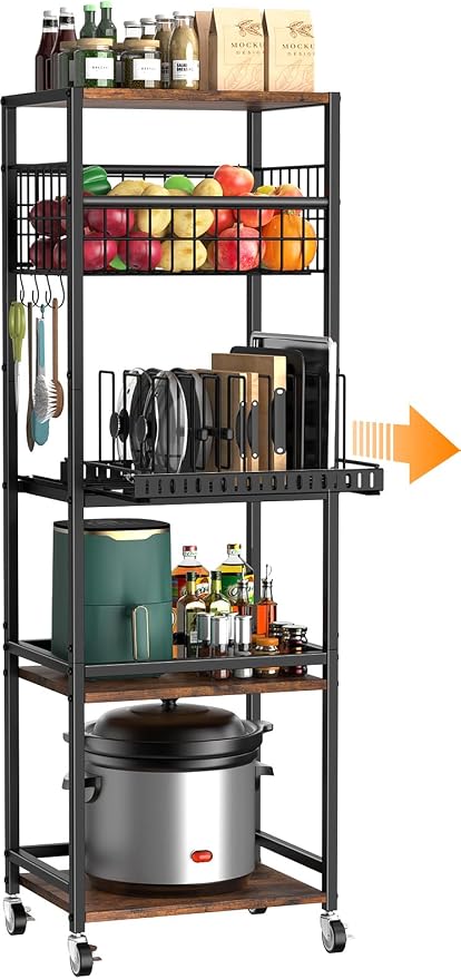Housolution 5 Tier Kitchen Storage Cart with Fruit Basket Pot Lid Organizer | Versatile Storage, Pull-Out Cutting Board Rack, 4 Lockable Swivel Wheels, Wooden Top, for Kitchen, Pantry, Bathroom, Brown