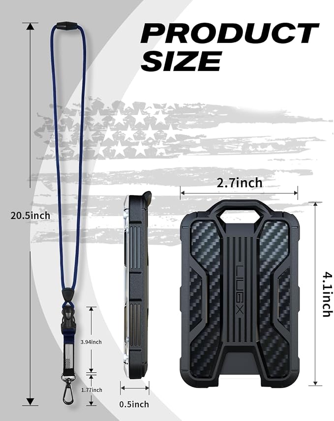 LIUGX Badge Holder with Breakaway Lanyard, Carbon Fiber-Texture, 6 Cards | American Flag, Quick Release Detachable Buckle, Metal Clip, Heavy Duty ID Card Holder, for Work, Office, Easy to Use, Blue