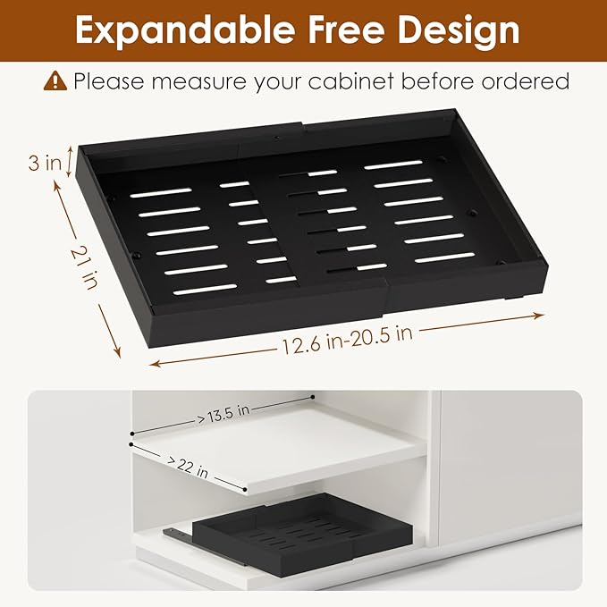 1 Pack Expandable Pull Out Cabinet Organizer 21" Deep, Adjustable Width 12.6"-20.5", No Drill Adhesive with Triple Track Rails, Heavy Duty Slide Out Drawers for Kitchen, Pantry, Cabinets,Black