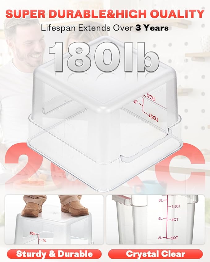 2QT NSF Food Storage Containers: 6 PCS [Food Grade][Hot&Cold Resistant] Commercial Clear Square Food Storage Containers with Scales Handles for Home Restaurant Kitchen Proof Dough(BPA FREE N1)