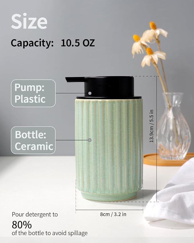 Soap Dispenser, Green Ceramic Refillable Liquid Hand Soap Pump for Bathroom Kitchen, 10.5OZ Lotion Dispenser, Dish Soap Dispenser, Modern Stripe Design, ANTIS'S HOME