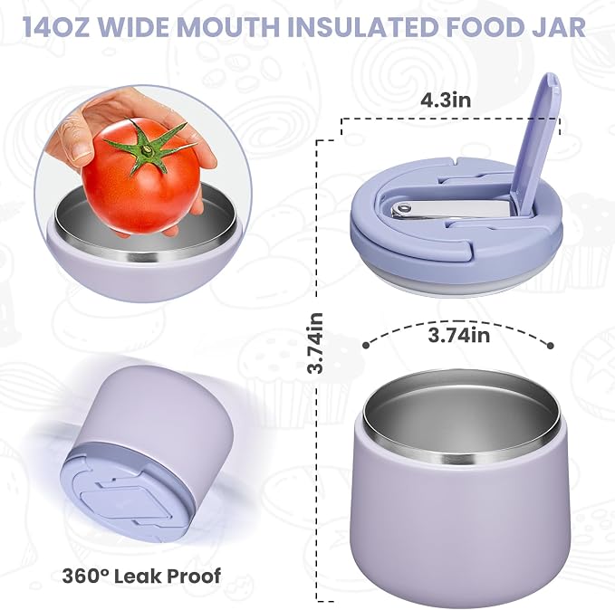 Itslife Soup Thermo for Hot Food Kids 25.5oz Lunch Containers with Buckle Lid Wide Mouth Hot Food Jar Vacuum Insulated Stainless Steel Bento Box Leakproof with Spoon (Purple3, 14oz)