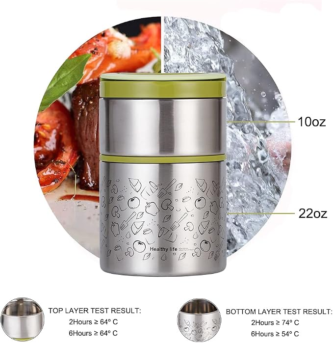 Lille Home 2 Tier Vacuum Insulated Stainless Steel Thermal Lunch Box,32OZ | 2 Tier Bento Food Container with Lunch Bag, Leakproof Wide Mouth Bento Box for Cold/Warm Food, Portion Control, Green