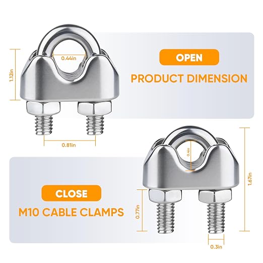 20Pcs 3/8 inch 304 Stainless Steel Wire Rope Cable Clamp,M10 Wire Rope Clips U Bolt Saddle Fastener for Tent Ropes and Wire Ropes
