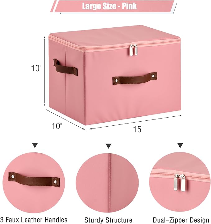 Storage Bins with Zipper Lid PU leather Storage Boxes Leather Fabric Collapsible Lidded Baskets Cube with Handle Decorative Shelves Closet Office Organizer Container(Pink, Large Size)