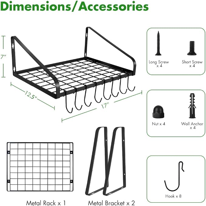Felibeaco Hanging Pots & Pans Rack,Wall Mounted Pots Pans Organizer Holder Rack with 8 Hooks, Kitchen Wall Storage Organizer Hanger Shelves for Pans Set, Utensils, Cookware, Books, Household,Black
