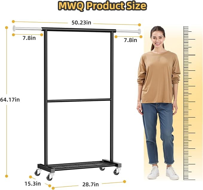 Standard Clothes Rack, Rolling 50“L Clothing Garment Rack with Mesh Shelves on Wheels, Adjustable Portable Wardrobe Rack for Bedroom, Laundry Room, Black