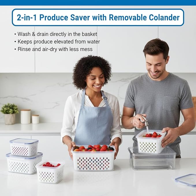 Fruit Storage Containers for Fridge 2 Pack, Fridge Organizers and Storage, Fruit and Vegetable Storage Produce Box with Drain Basket, Refrigerator Food Saver Set