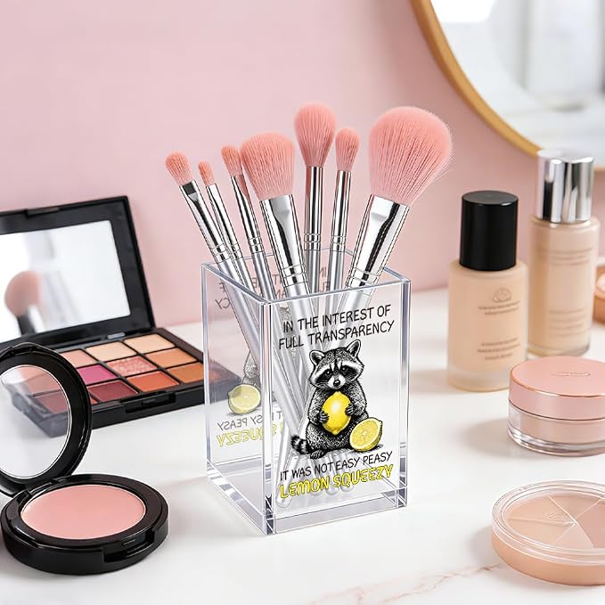 In The Interest of Full Transparency Acrylic Pencil Pen Holder Cup, Funny Sarcastic Racoon Makeup Brush Storage Organizer, Sarcastic Desk Accessories Holder Gifts for Colleague Boss Friend