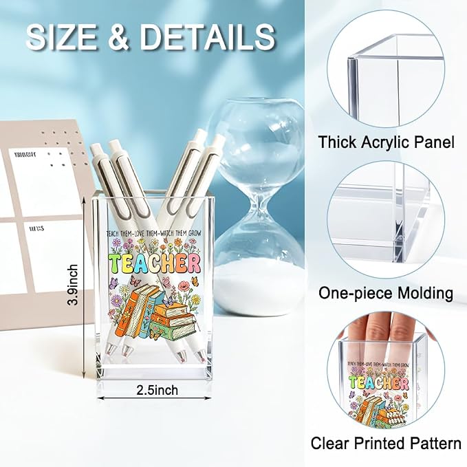 Teach Them Love Them Watch Them Acrylic Cosmetic Pencil Holder Cup, Floral Books Pen Holder for Home Office Desk Accessories for Teacher, Pen Organizer, Marker Holder, Funny Teacher Work Gifts