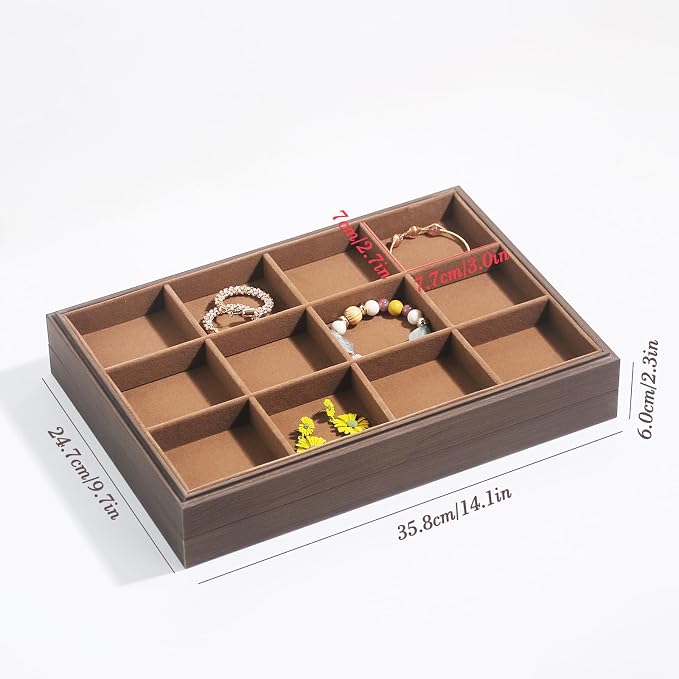 Wood Jewelry Organizer Tray, Bracelet Display (Brown, 2Pc, 12 Grids) | Stackable Jewelry Display, Bracelet Holder, Tangle-Free Bracelet Organizer, Watch Ring Storage