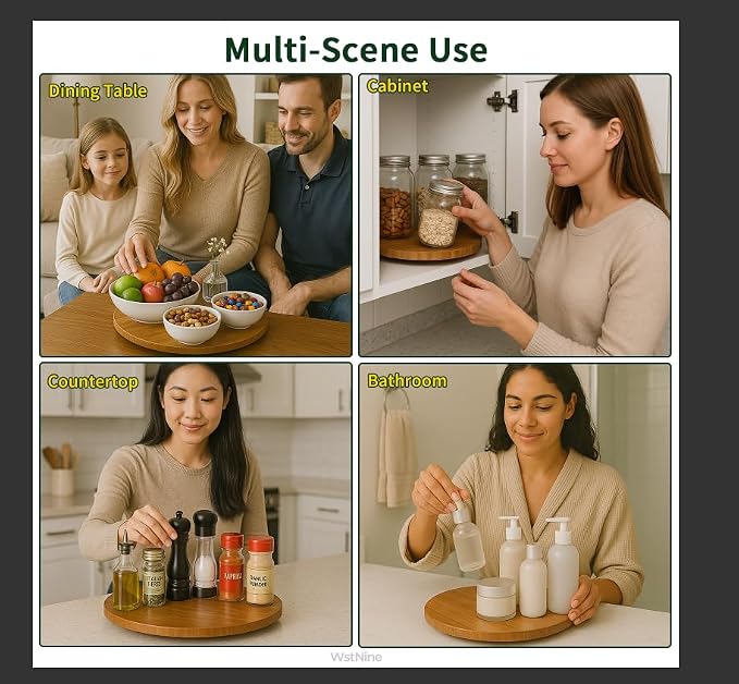 14'' Bamboo Wood Lazy Susan Organizer, Lazy Susans for Table Top, Deep Carbonized Rotating Tray, Sturdy Spinning Base, Non Slip, Spice Rack Organzier, Turntable for Kitchen Cabinet, Countertop, Pantry