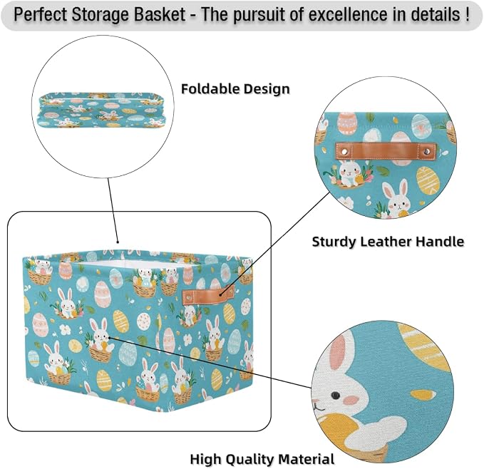 Cube Storage Bins for Shelves, Cute Easter Bunny Basket Egg Print Collapsible Fabric Toys Storage Basket Box with Handles for Home Office Bedroom Closet