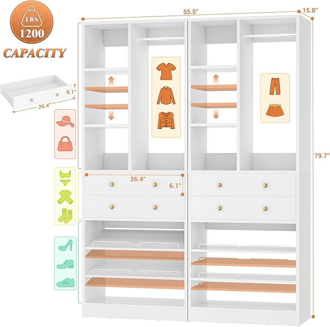 Besiost Closet System, 55.6"/4.7 FT Closet Organizer System with Drawers and Shelves, Walk-in Closets Systems for Small Closets, Free Standing Reach in Closet Tower, Load 1200+LBS, White 2 Pack