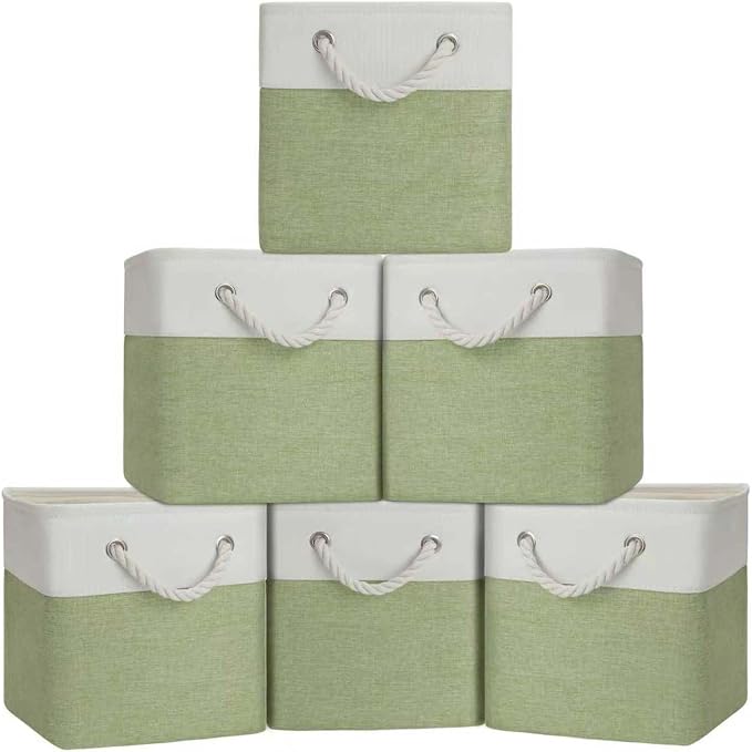 Cube Storage Bins, Collapsible Fabric Storage Cubes Bins, 11 Inch Cube Storage Bins with Handles, Foldable Storage Cubes (White/Green, 6Pack)