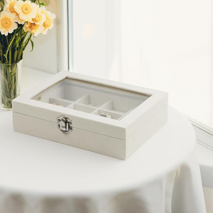 Fordonral Velvet Jewelry Organizer Box, Jewelry Drawer Organizers Trays, Earring Ring Necklace Holder Display Case (Beige, 12 Grid Box)