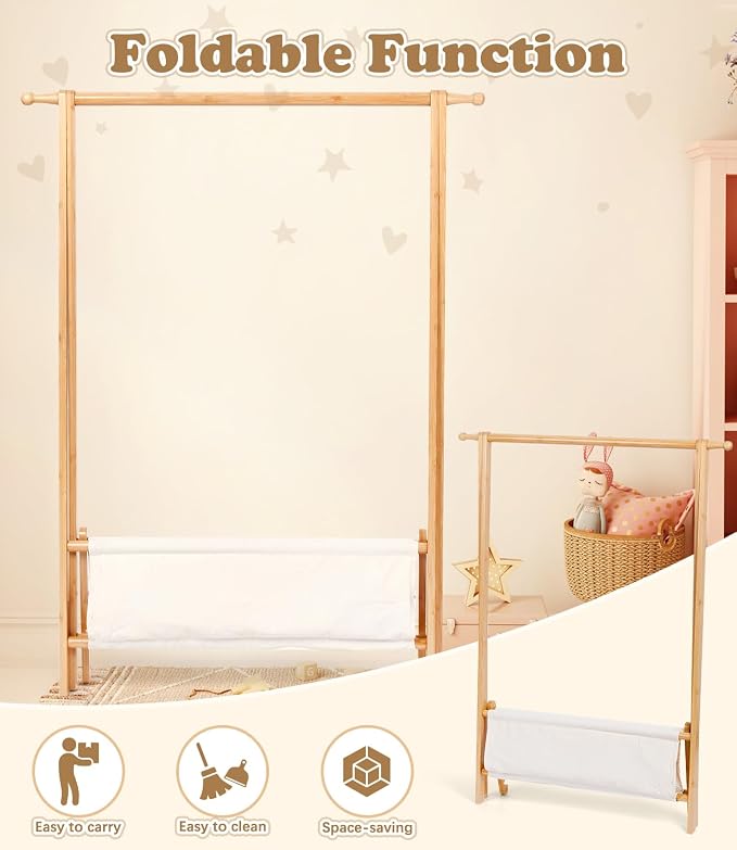 Kids Clothing Rack with Storage, Dress Up Rack, Child ClothesRack, Small Garment, for Costume, Bamboo (Natural Color)