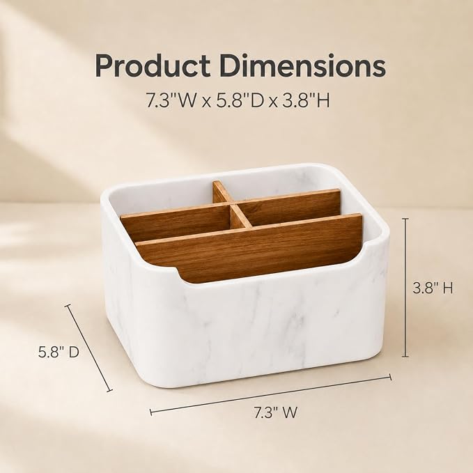 Remote Control Holder, Desk Organizer with Removable Dividers,White | 5-compartment resin and wood organizer holds remotes, pens, glasses, and media devices for desk, coffee table, or nightstand.