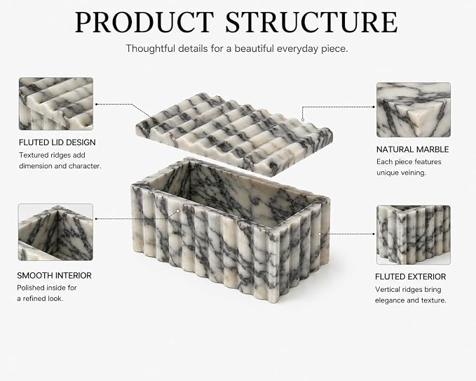 Marble Storage Box with Lid, White Purple Wave Organizer | Lidded design, wave texture, purple-gray veining varies, accessories not included