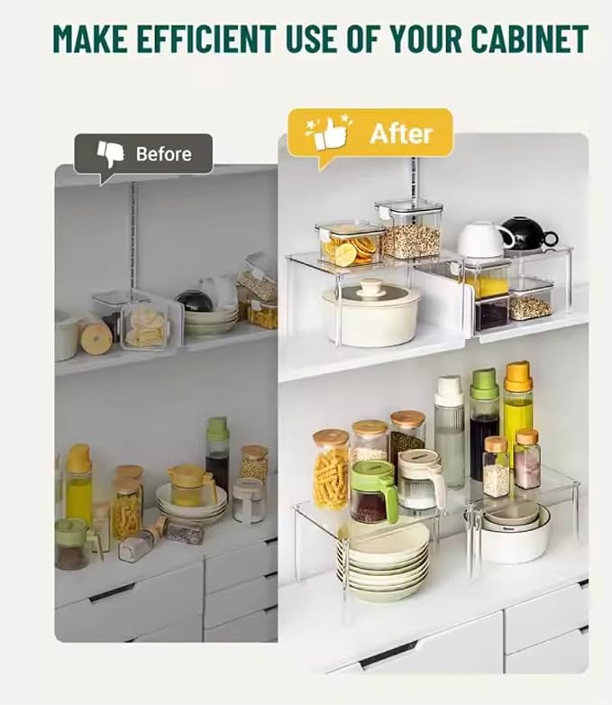 Acrylic Shelf Organizer Set of 2 Stackable Cabinet & Countertop riser for Kitchen, Pantry, Bathroom & Vanity Storage - Minimal, Space-Saving Design
