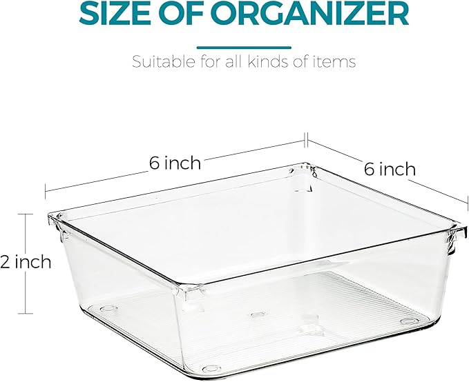 6 Pack Drawer Organizer - 6" X 6" Clear Acrylic Storage Bins with Non-Slip Pads, Versatile Desk Tray for Makeup, Jewelry, Kitchen, Bathroom, and Office Organization