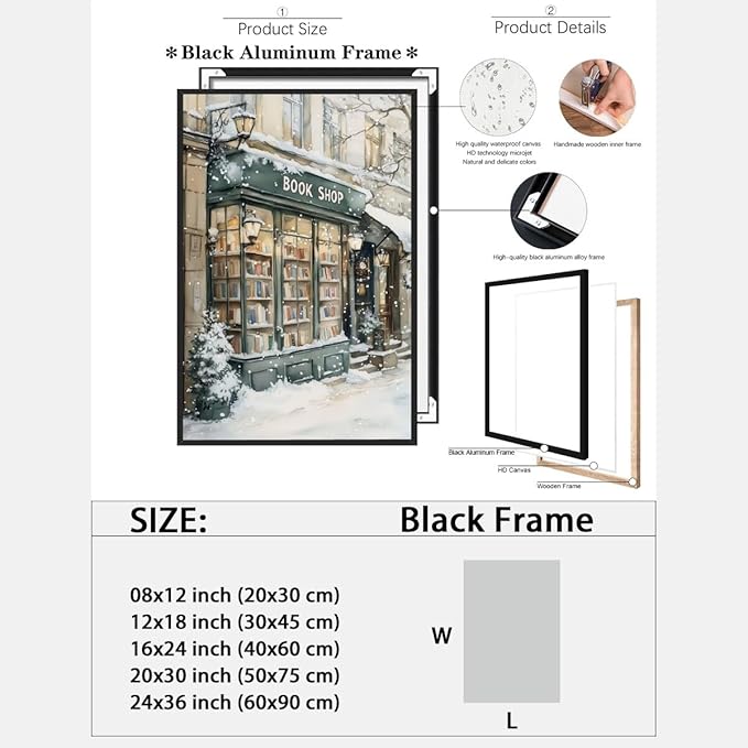 Winter Book Shop New York Book Lover Art Aesthetic Poster Canvas Wall Art Decoration Living Room Home Decor Bedroom Decoration Poster black framed8x12inch