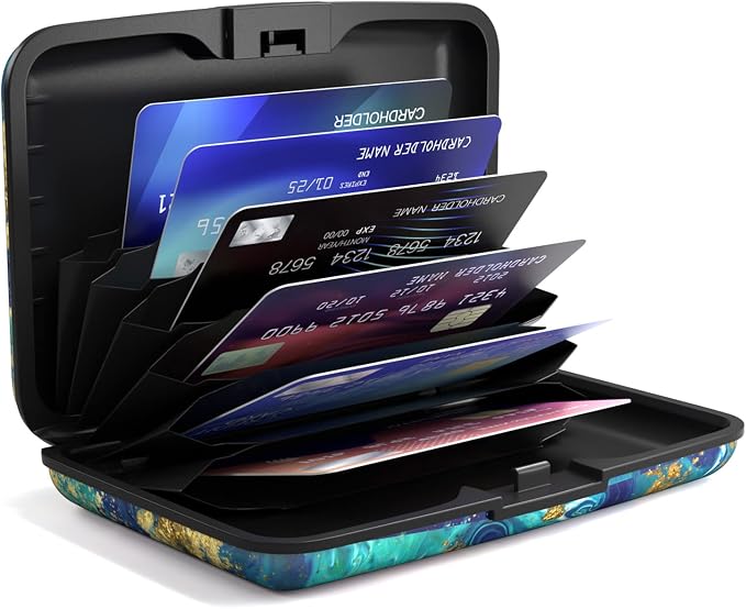Credit Card Holder for Women, Small RFID Metal Credit Cards Wallets Cute Business Card Holder Pocket ID Case, Blue Green Marbling