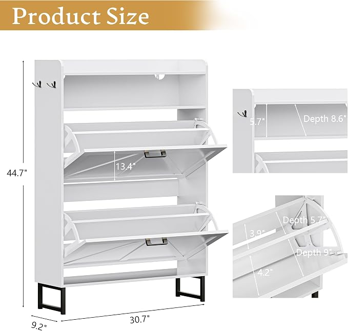 Wodeer Shoe Storage Cabinet with 2 Flip Drawers, Narrow Wood Shoe Cabinet Storage for Entryway with Metal Legs & Hooks, Adjustable Shelves, Freestanding Shoe Rack Organizer for Foyer, Hallway, White