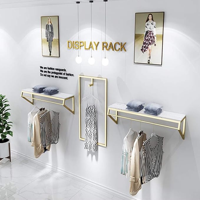 Modern Simple Men's and Women's Clothing Store Heavy Duty Metal Display Stand,Wall-Mounted Garment Rack with Wood,Clothes Rail,Bathroom Hanging Towel Rack (Gold Square Tube, B-59 L)