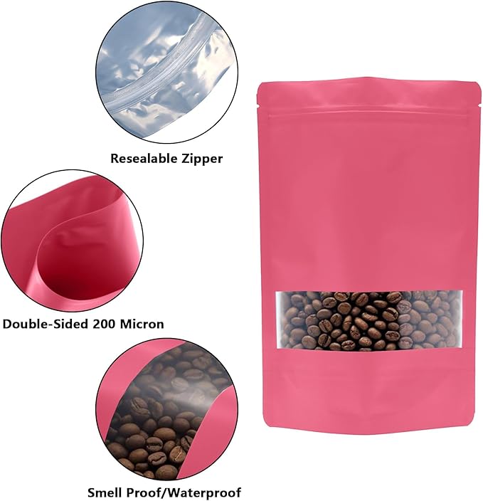 50PCS Foil Pouch Mylar Bags with Clear Window,ULIFESTAR Stand Up Sealable Bags with Tear Notches,Resealable for Food,Party Favors,Gift Packaging and Small Business(18 * 26cm/7.09 * 10.24",Pink)