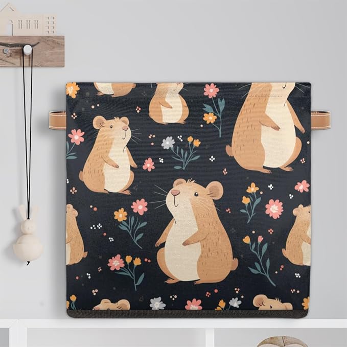 TropicalLife Flower Floral Capybara Storage Cube, 13 Inch Fabric Cube Storage Organizer Bin for Shelves Clothes, Decorative Foldable Storage Boxes