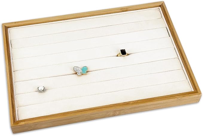 The Display Guys - Stackable Jewelry Tray and Organizer - for Drawers, Dressers, Store Display (7 Ring Rolls, Bamboo Suede)
