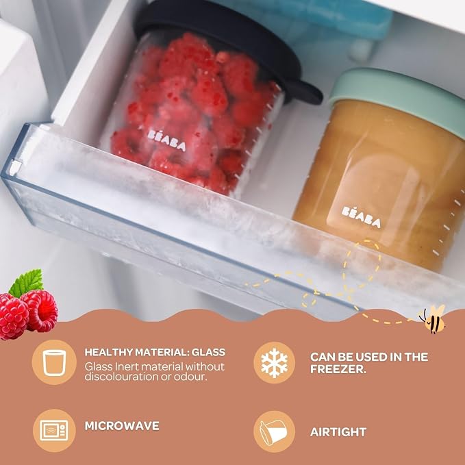 BEABA 2 Pack Glass Baby Food Jars with Soft Silicone Air Tight Lids, 8 oz Glass Storage Containers with Lids, Microwave and Freezer Safe Containers, Midnight