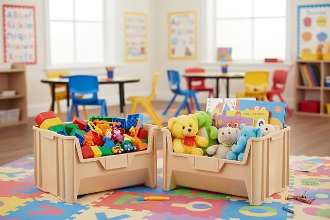 Hudson Exchange 20" x 15" x 12.5" (1 Pack) Plastic Giant Stackable Hopper Bin Container, Tan