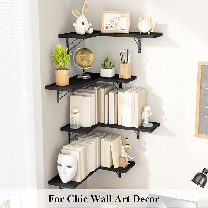 Love-KANKEI Corner Wall Shelf Set of 4，Solid Wood/Bracket,16.5"x 11",Black | Easy to Install,Floating Wall Shelves,40 Lbs/shelf,For Bedroom Living Room Bathroom Kitchen Office,Storage Display,Wall Decor