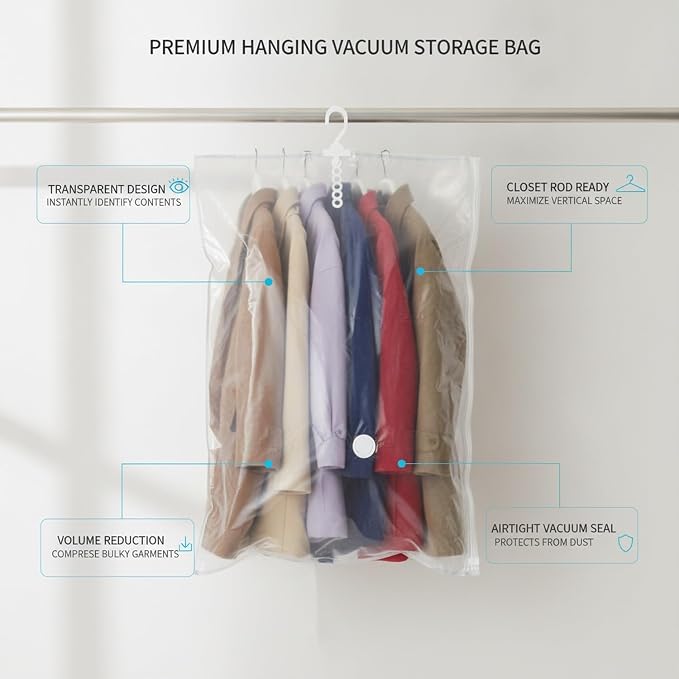 Hanging Vacuum Storage Bags for Closet, Clear Compression Saver for Coats & Suits, Space Saving Organizer (1 Pack)